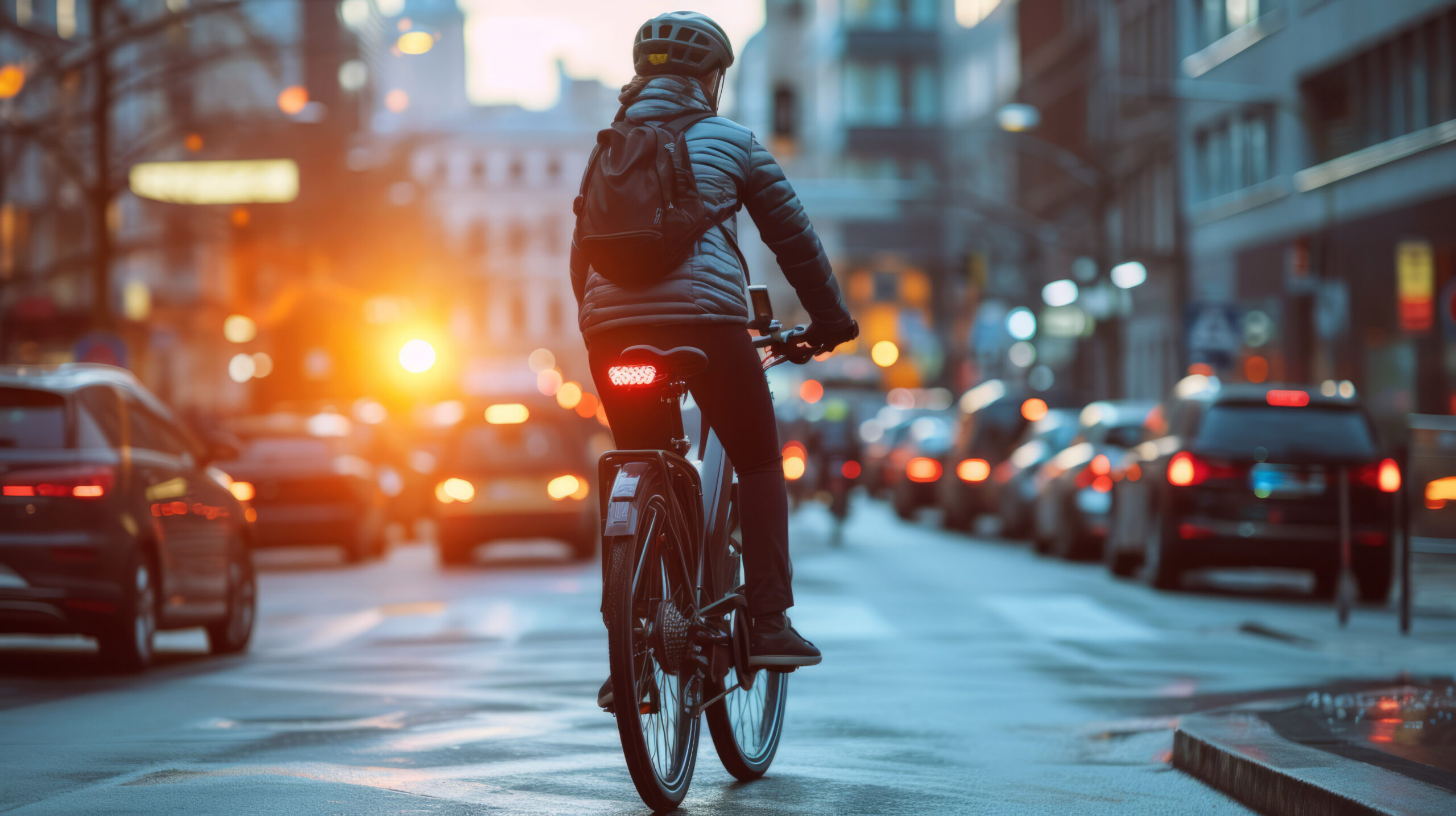 Individual riding an electric bicycle in city traffic at sunset